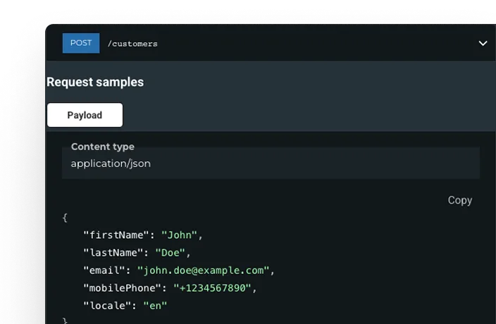 API documentation showing a request sample for creating a customer