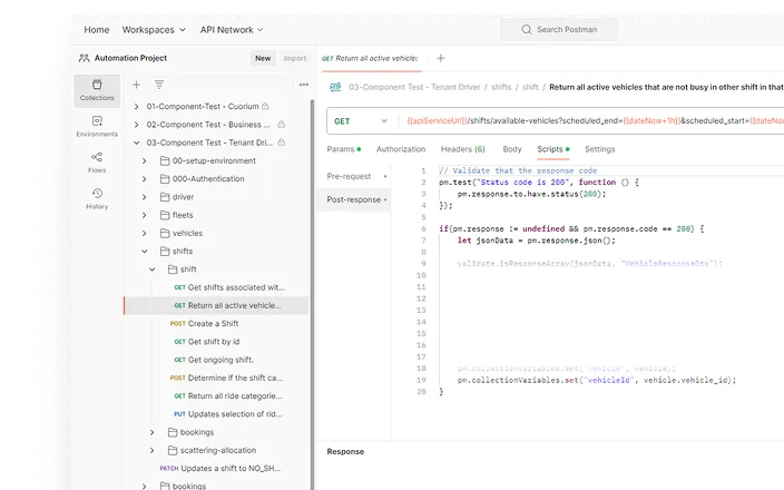 API collection in an API client with booking, shift and vehicle requests