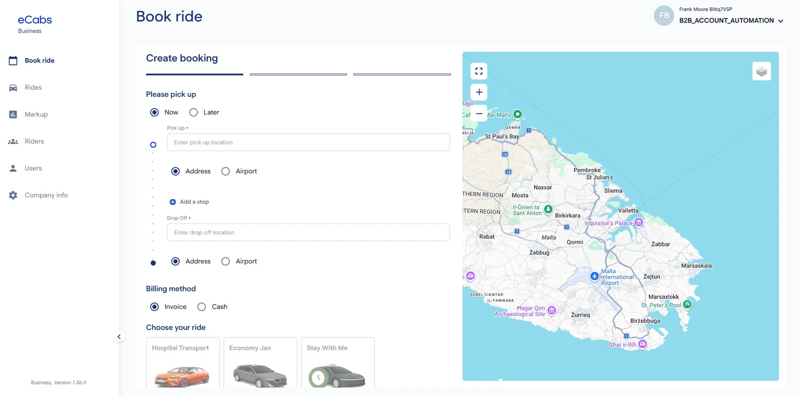 Business booking screen with pickup, drop-off, billing method and vehicle choice on a map
