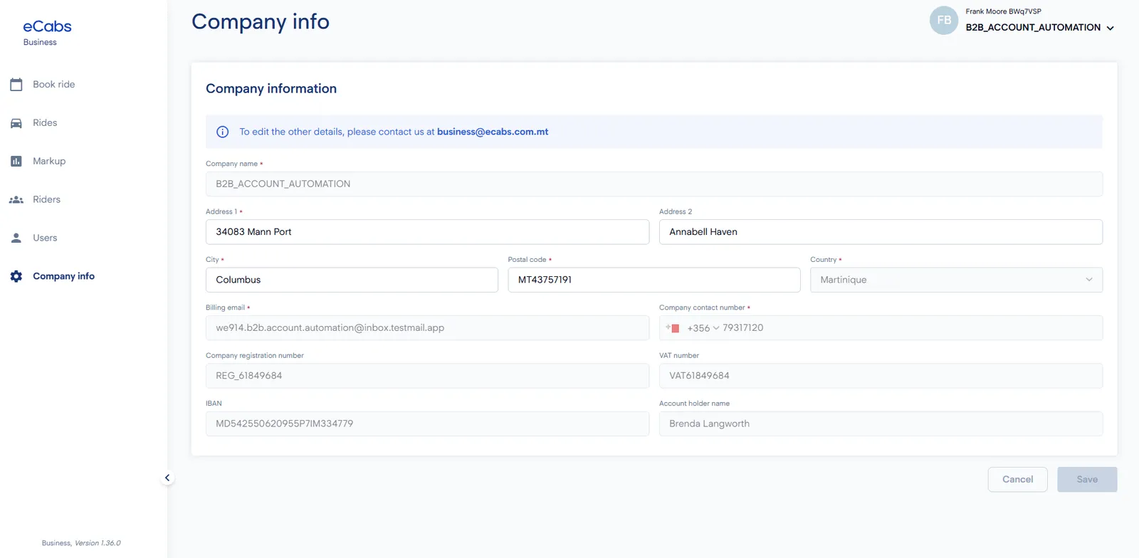 Company billing details: address, VAT number, billing email and registration