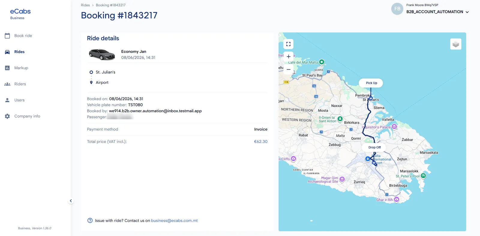 Live business ride with route from pickup to drop-off on a map
