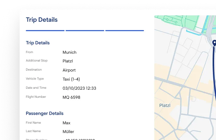 Fahrtdetails im Firmenkundenportal mit Route, Flugnummer und Fahrgast