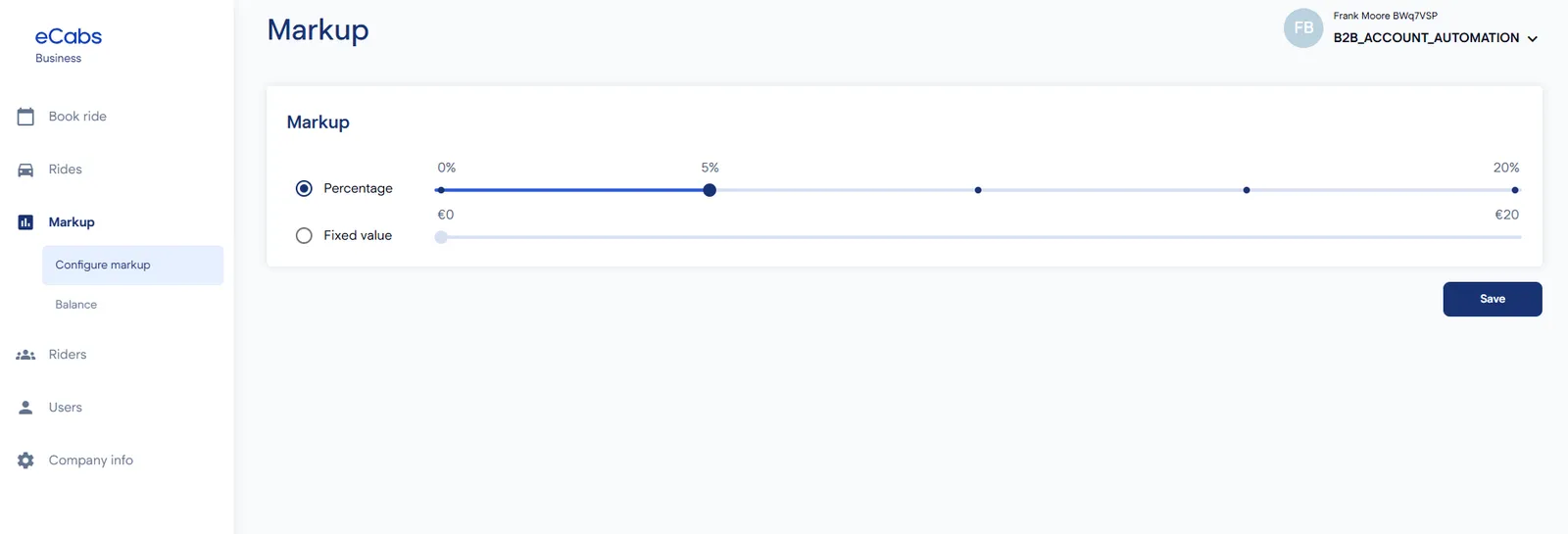 Corporate account markup settings as a percentage or fixed value