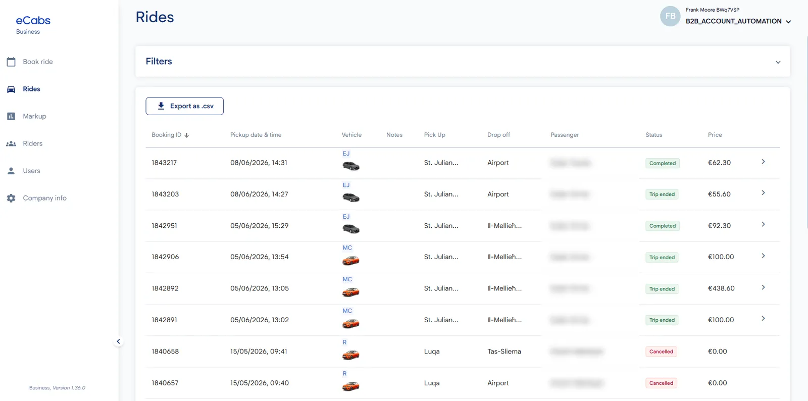 Corporate ride history with status, price and CSV export