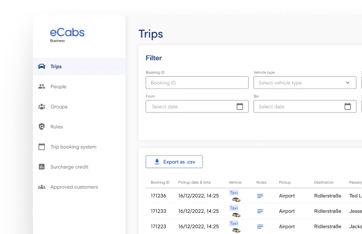 Fahrtenliste im Firmenkundenportal mit Filtern und CSV-Export