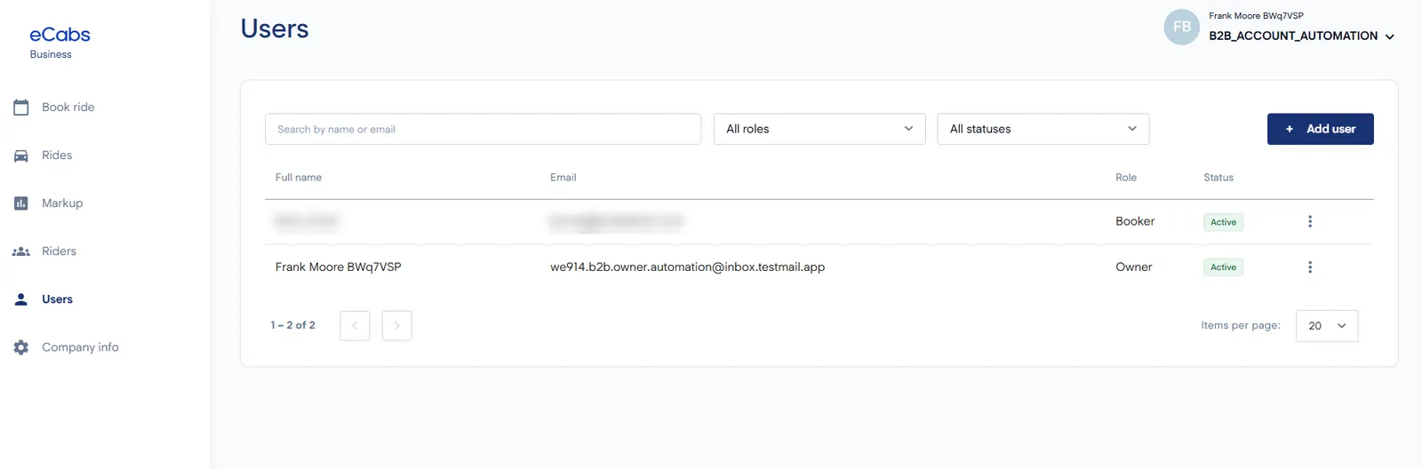 Corporate account users with roles such as booker and owner