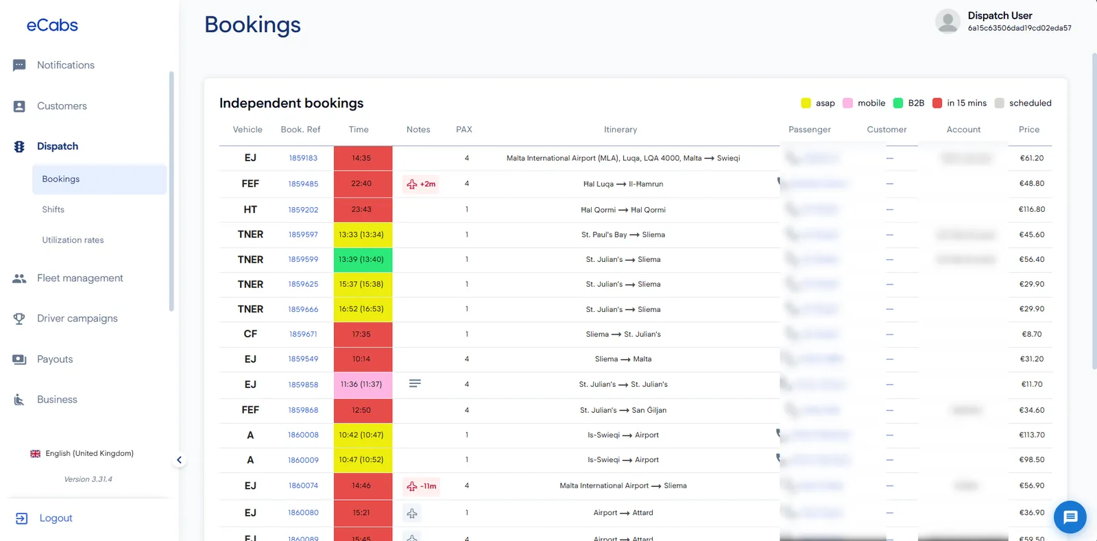 Dispatch portal booking list with app, phone, business and scheduled bookings colour-coded