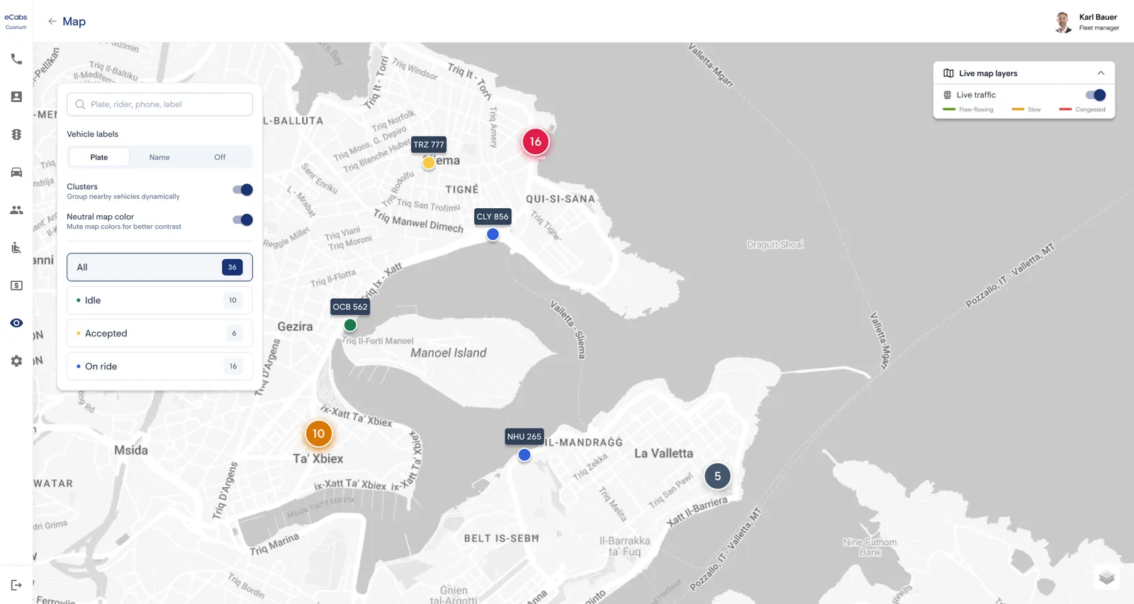 Dispatch portal live map of Malta with vehicles and clusters across locations