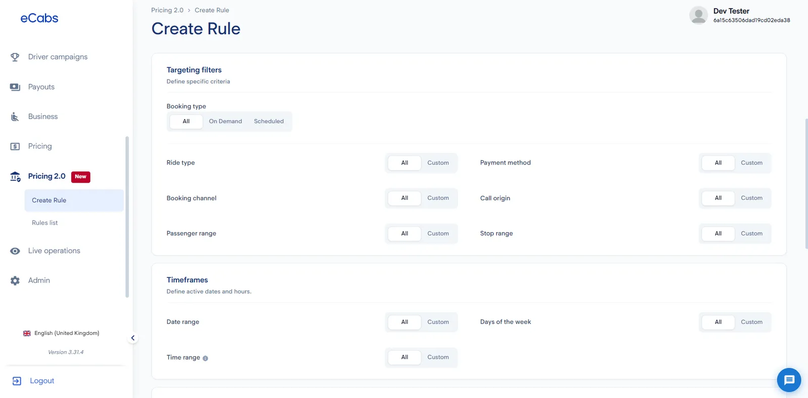 Dispatch portal pricing rule with filters by booking type, channel, payment method and time