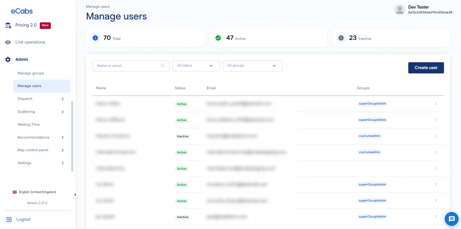 Dispatch portal user management: active and inactive users with their groups