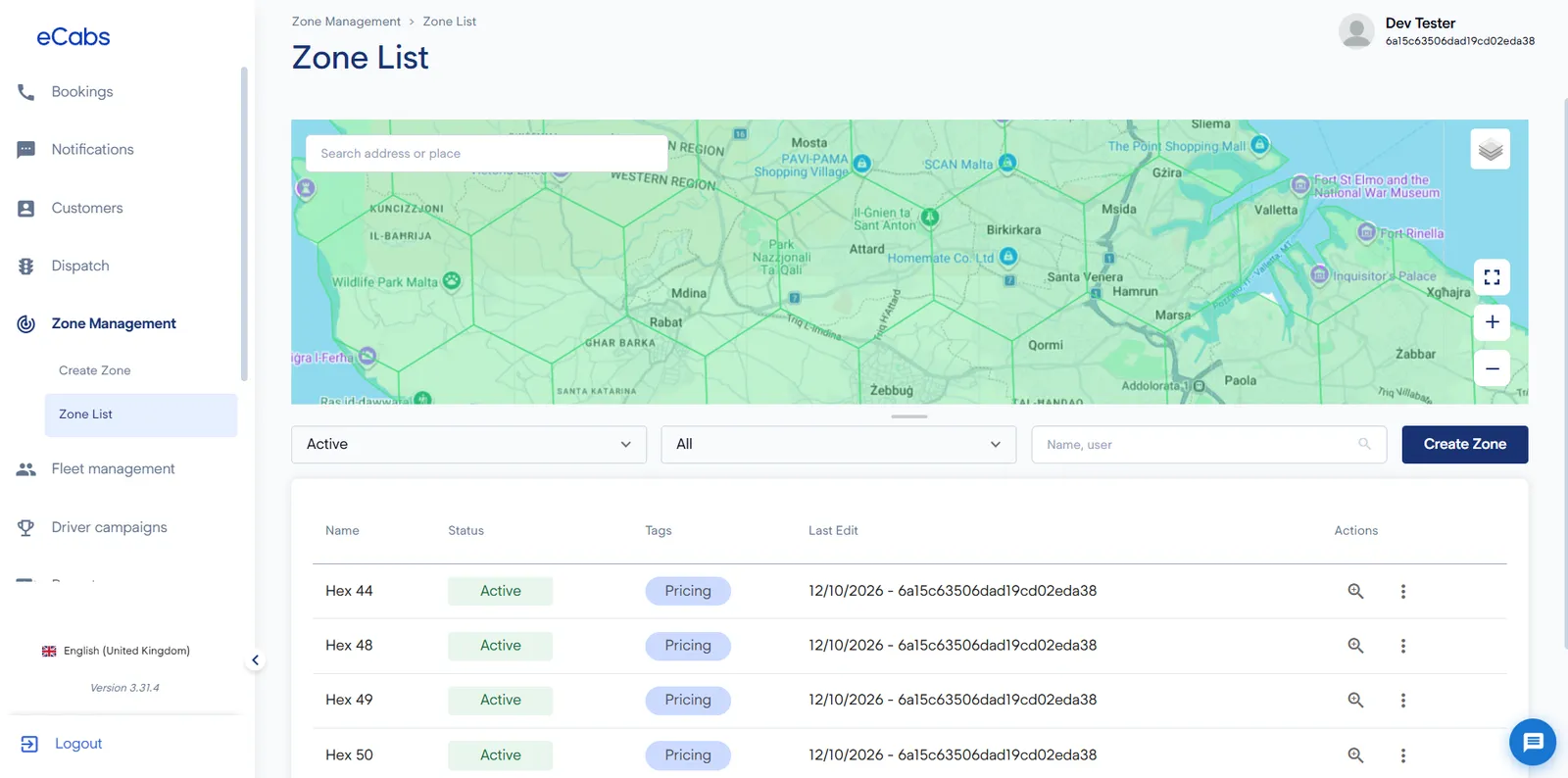 Dispatch portal zone list with hexagonal pricing zones on a map