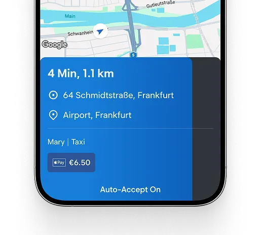 Ride offer in the driver app with distance, pickup, destination and fare, with auto-accept on