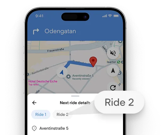 Driver app navigation showing the next ride's details before the current ride ends