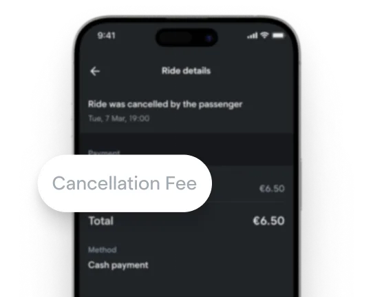 Ride details in the driver app showing a cancellation fee after the passenger cancelled