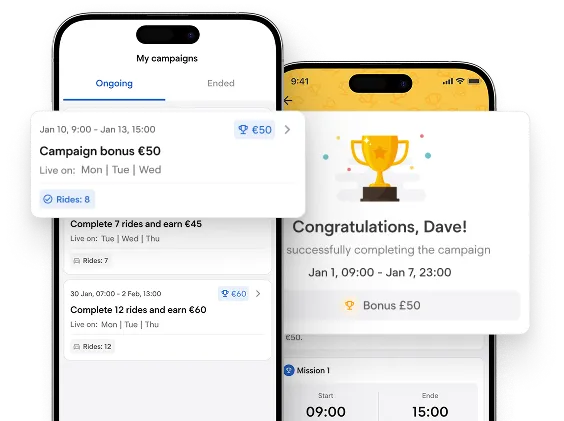 Driver app campaign screens: bonus progress and a completed campaign reward