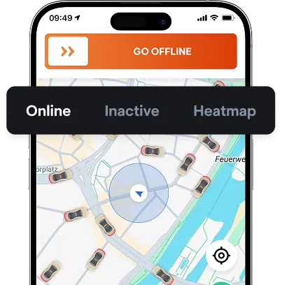 Driver app live map showing online and inactive vehicles nearby