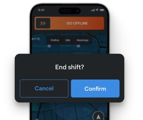 Driver app prompt asking the driver to confirm ending their shift