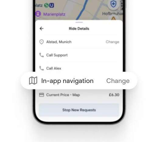 Driver app ride details with in-app navigation selected