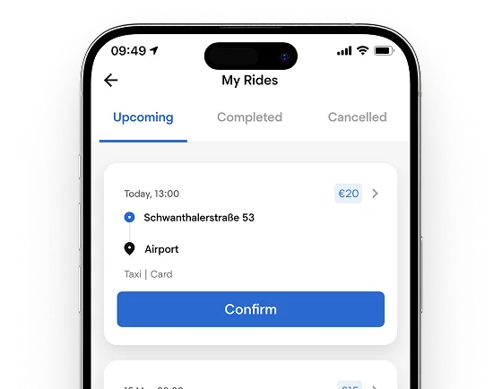 Driver app list of upcoming scheduled rides with a confirm button