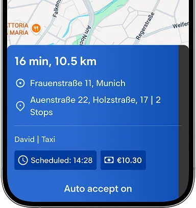 Ride offer in the driver app showing trip time, distance, pickup, stops, scheduled time and fare