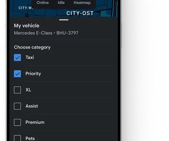 Driver app vehicle screen where the driver picks which ride categories to accept