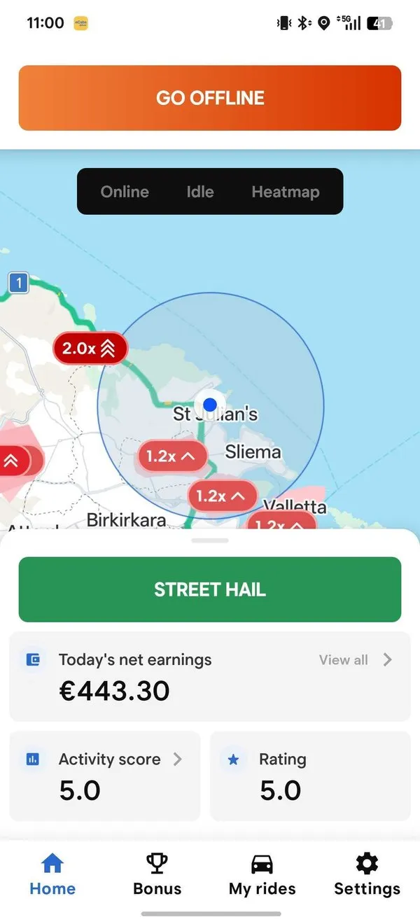 Startseite der Fahrer-App mit der Schaltfläche für Winkerfahrten, Nachfrage-Heatmap und Tagesverdienst