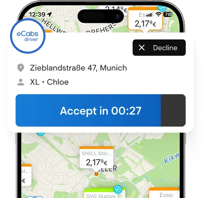 Driver app ride offer shown on top of another app, with a countdown to accept