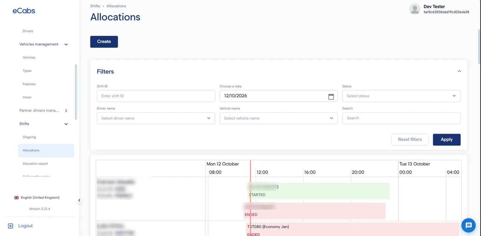 Fleet portal shift allocations: drivers and vehicles on a timeline with filters