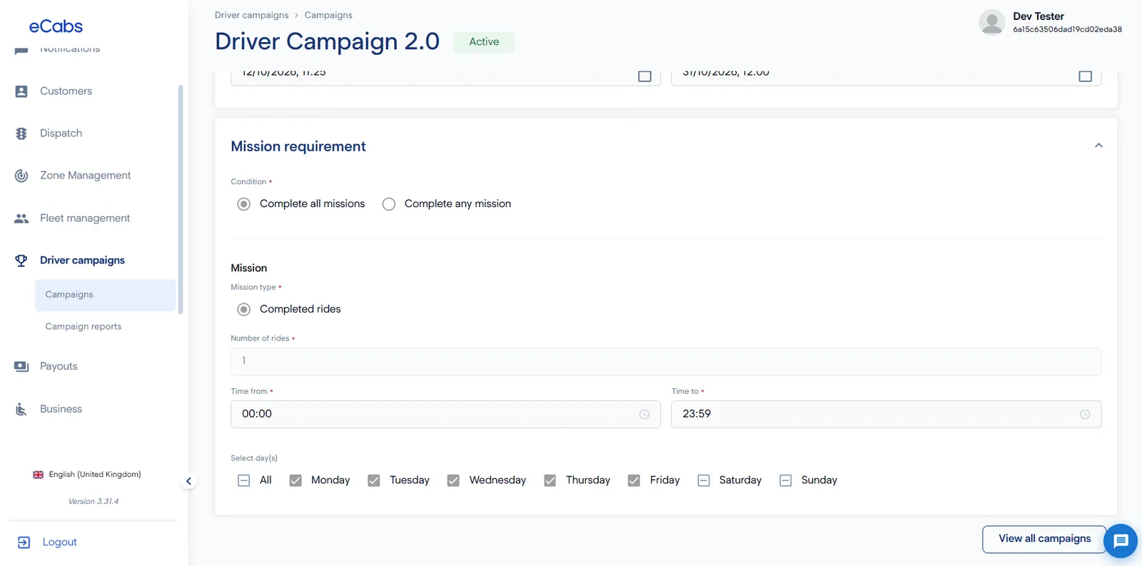 Driver campaign set-up with mission requirements, completed rides and active days