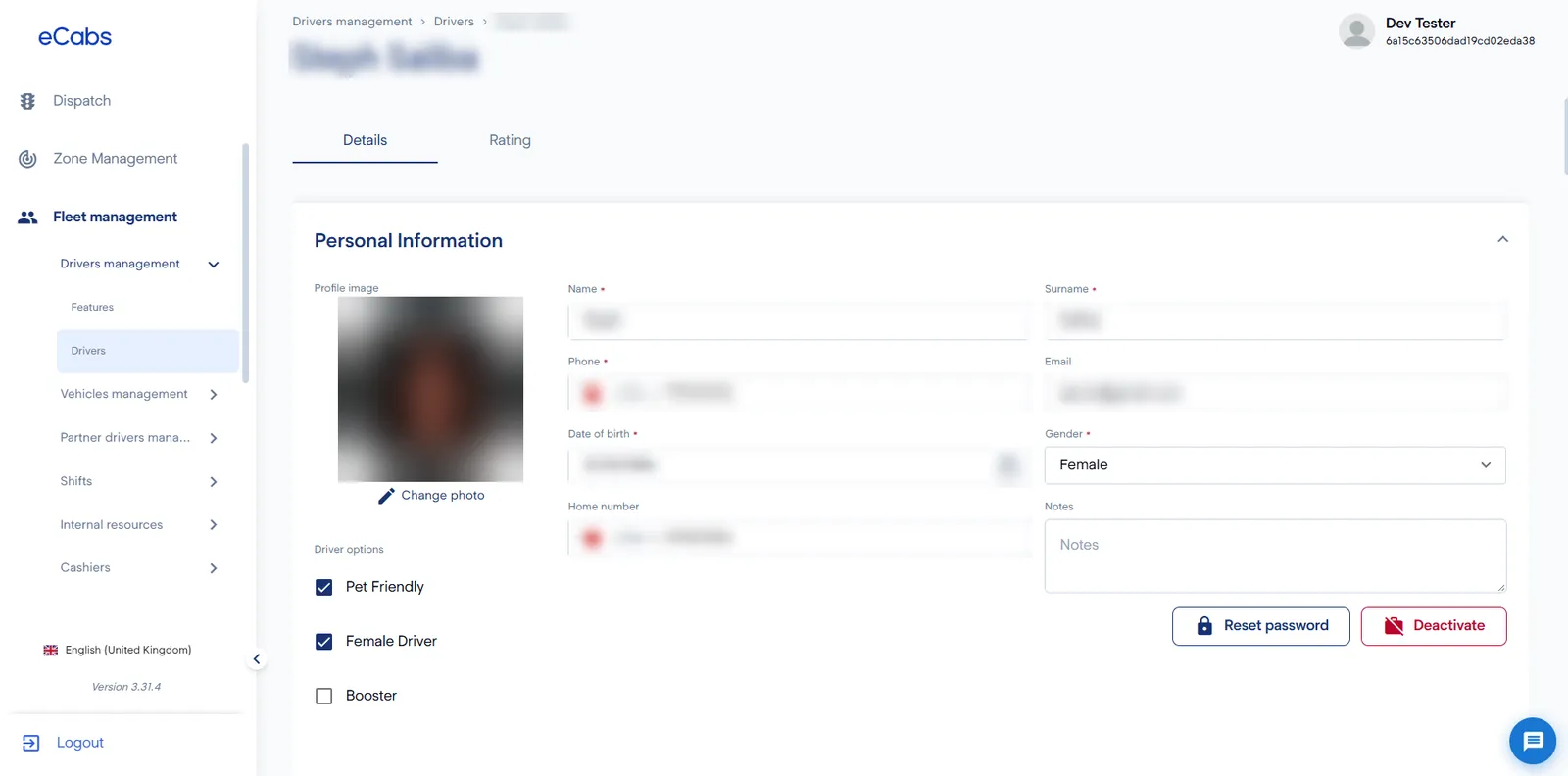 Fleet portal driver profile with personal details, driver options and rating