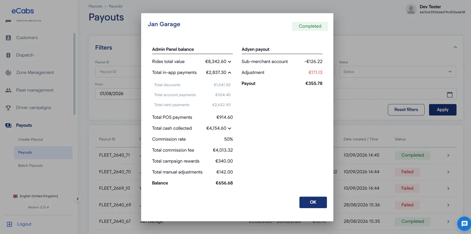 Fleet portal payout summary with ride totals, in-app and cash payments, commission and balance