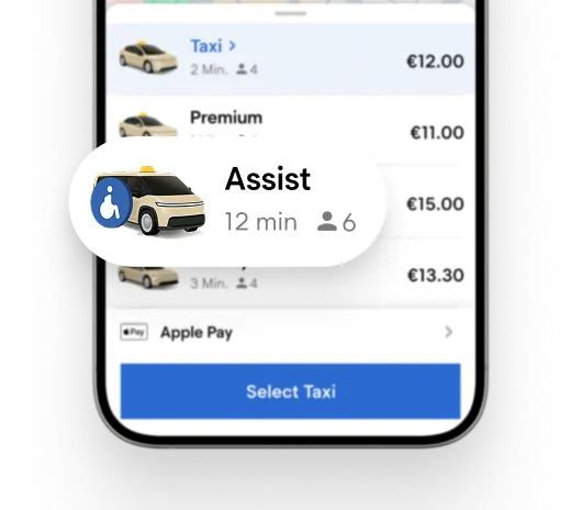 Fahrzeugliste in der Fahrgast-App mit hervorgehobener rollstuhlgerechter Kategorie Assist