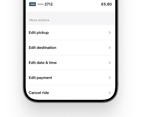 Menü der Fahrgast-App zum Ändern von Abholort, Ziel, Datum, Uhrzeit oder Zahlungsart während einer Buchung