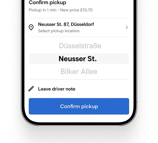 Bildschirm der Fahrgast-App zum Bestätigen eines eigenen Abholpunkts mit Notiz an den Fahrer