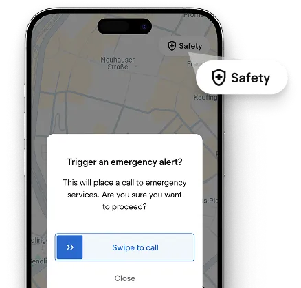 Sicherheitsschaltfläche in der Fahrgast-App und Abfrage zum Auslösen eines Notrufs