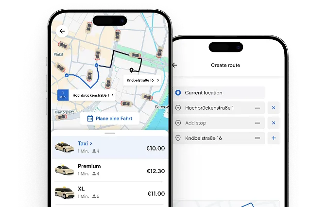 Routenplanung in der Fahrgast-App mit mehreren Stopps vor der Buchung