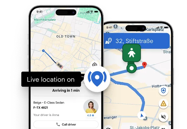 Fahrgast- und Fahrer-App mit dem geteilten Live-Standort des Fahrgasts auf der Karte