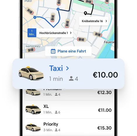 Fahrgast-App mit dem festen Fahrpreis je Fahrzeugkategorie vor der Buchung