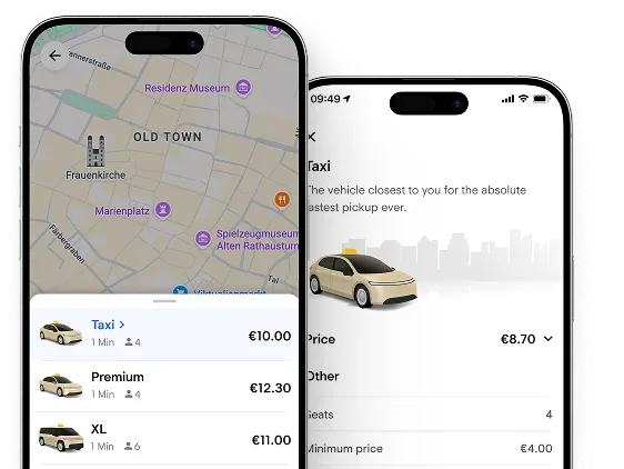 Preisaufstellung in der Fahrgast-App mit Preis, Strecke und Mindestpreis für das gewählte Taxi