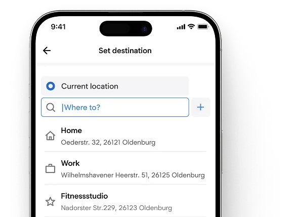 Zielsuche in der Fahrgast-App mit gespeicherter Privat- und Arbeitsadresse