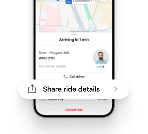 Option in der Fahrgast-App, die Fahrtdetails mit anderen zu teilen