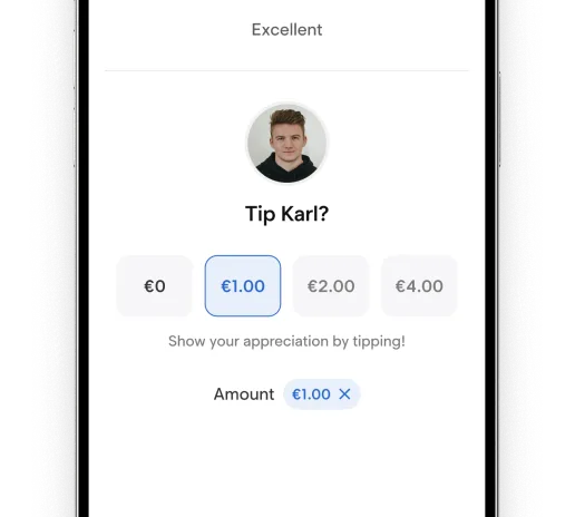 Trinkgeld-Bildschirm in der Fahrgast-App mit vorgegebenen Beträgen nach der Fahrt