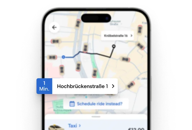 Karte in der Fahrgast-App mit einer Ankunftszeit von einer Minute nach aktueller Verkehrslage