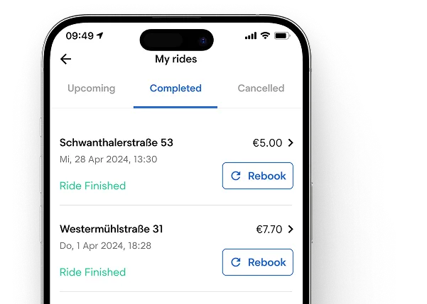 Liste abgeschlossener Fahrten in der Fahrgast-App mit Preisen und Schaltfläche zum erneuten Buchen