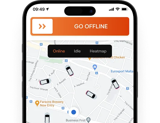 eCabs Technologies driver app on a phone, showing the live map with online and inactive drivers